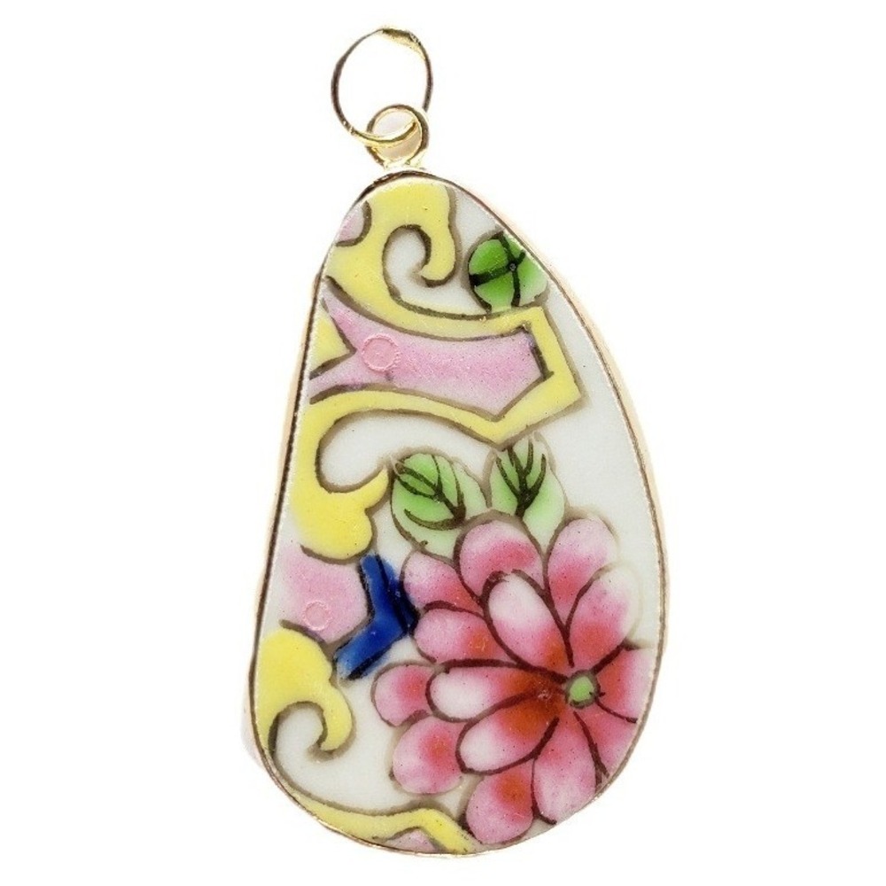 Vintage Broken China Floral Necklace Pendant Oblong Teardrop Ceramic Flower Drop
